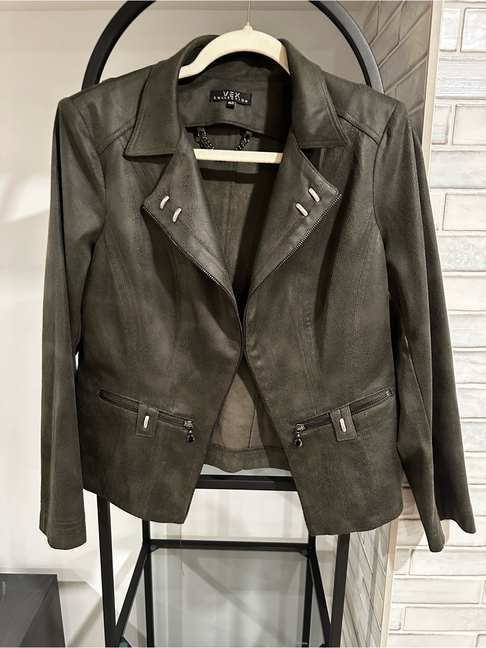Vera Pelle Olive Suede Moto Jacket with Zip Pockets